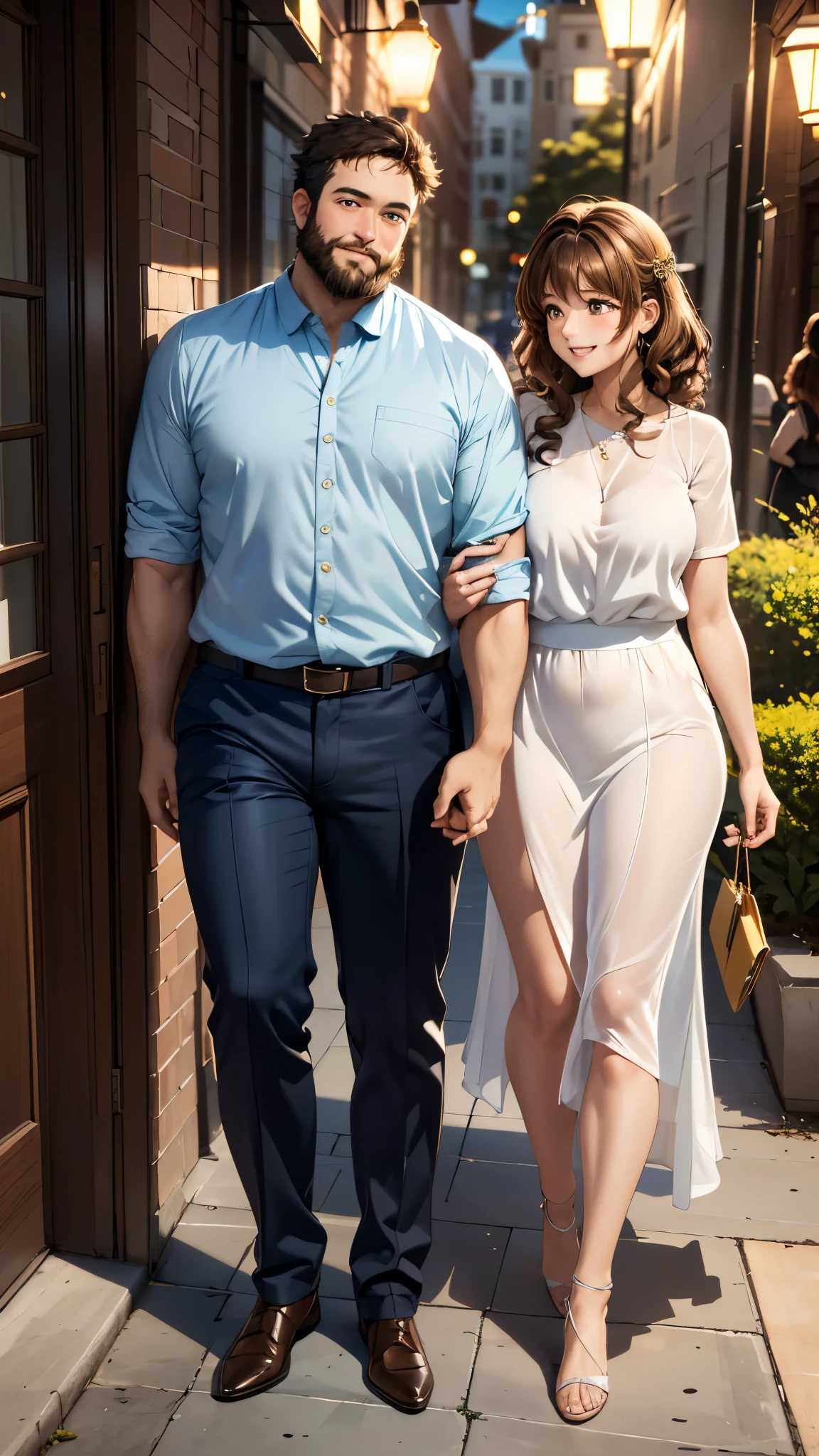  full body shot image of a Pixar-like couple 。 the wife is in front 、 is wearing a green shirt 。 she has curly light brown hair 、The skin is white、a little chubby。 the husband behind her has white skin 、 the hair is gray 、The beard is shaved 、 wearing a white shirt and blue jacket。 they are smiling and looking away 。