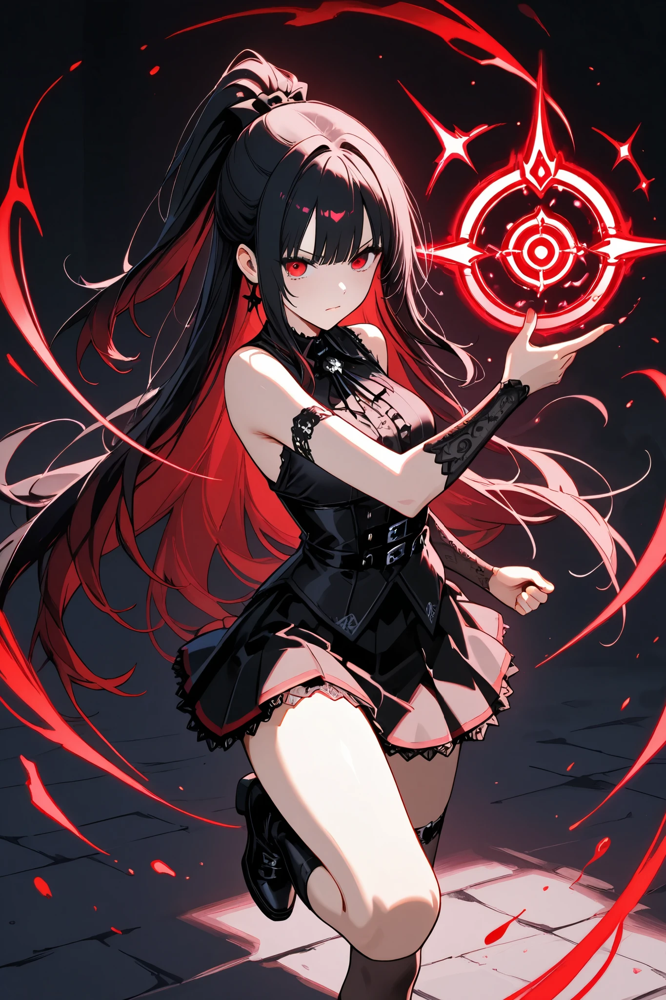 Goth girl, 1girl、 dynamic composition、witch、 miniskirt、Magic Activation、 Magical Aura 、 action、witchのローブ、 sleeveless、 arm cover,Combat Stance、red eyes,