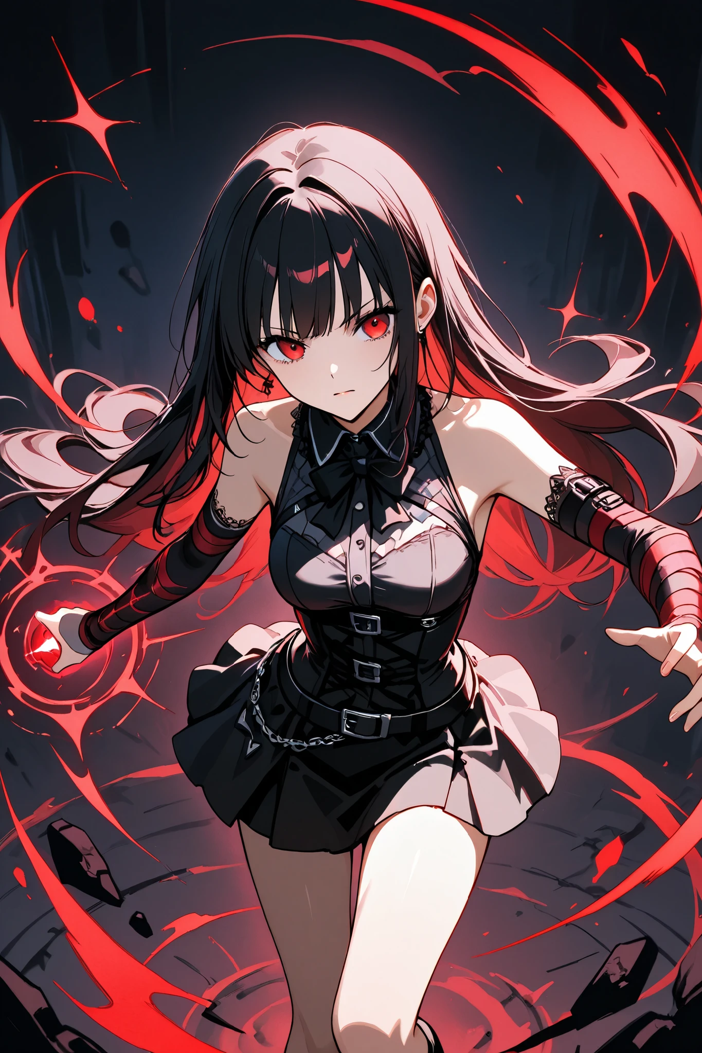 Goth girl, 1girl、 dynamic composition、witch、 miniskirt、Magic Activation、 Magical Aura 、 action、witchのローブ、 sleeveless、 arm cover,Combat Stance、red eyes,