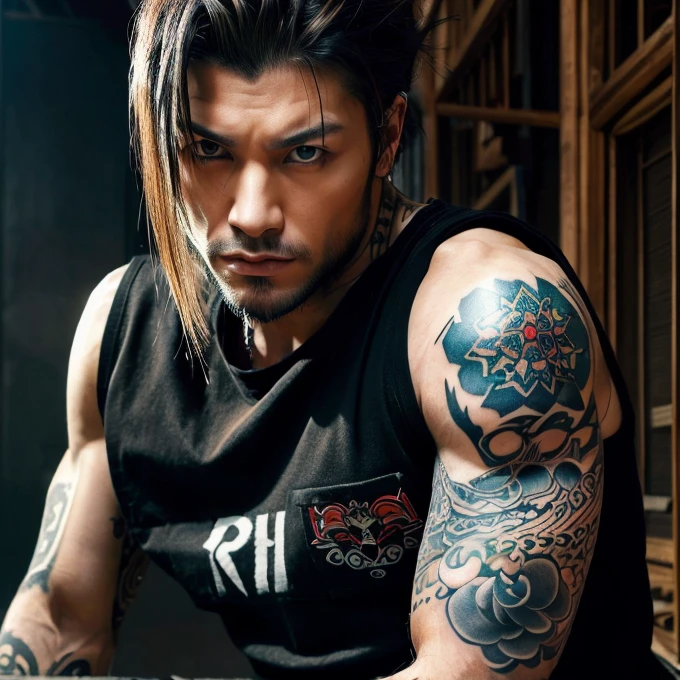 Australian man, 40 YEARS OLD, short light black hair, eyes browns, seductive appearance, average physique, dirty and torn pants, wearing no shirt, with a tattoo on his neck and a color with a cross symbol on black skin.