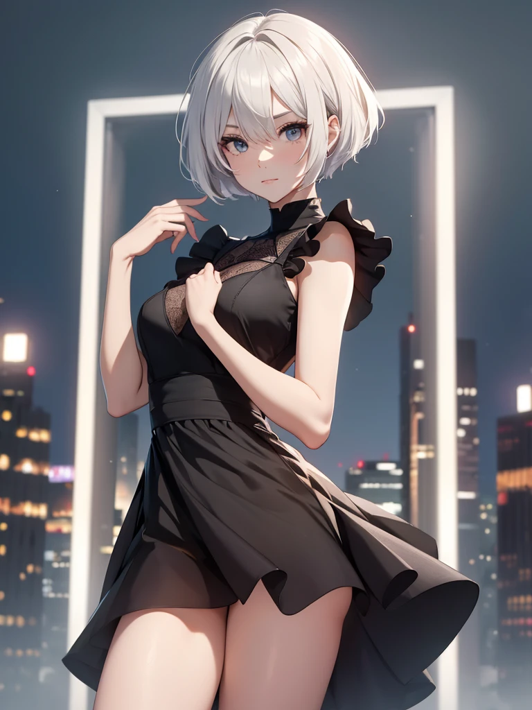 1woman, wearing a stylish black frock, at a night party , white colour short hair, 2B' s hair style, 8k, high detailed, high quality, high accuracy