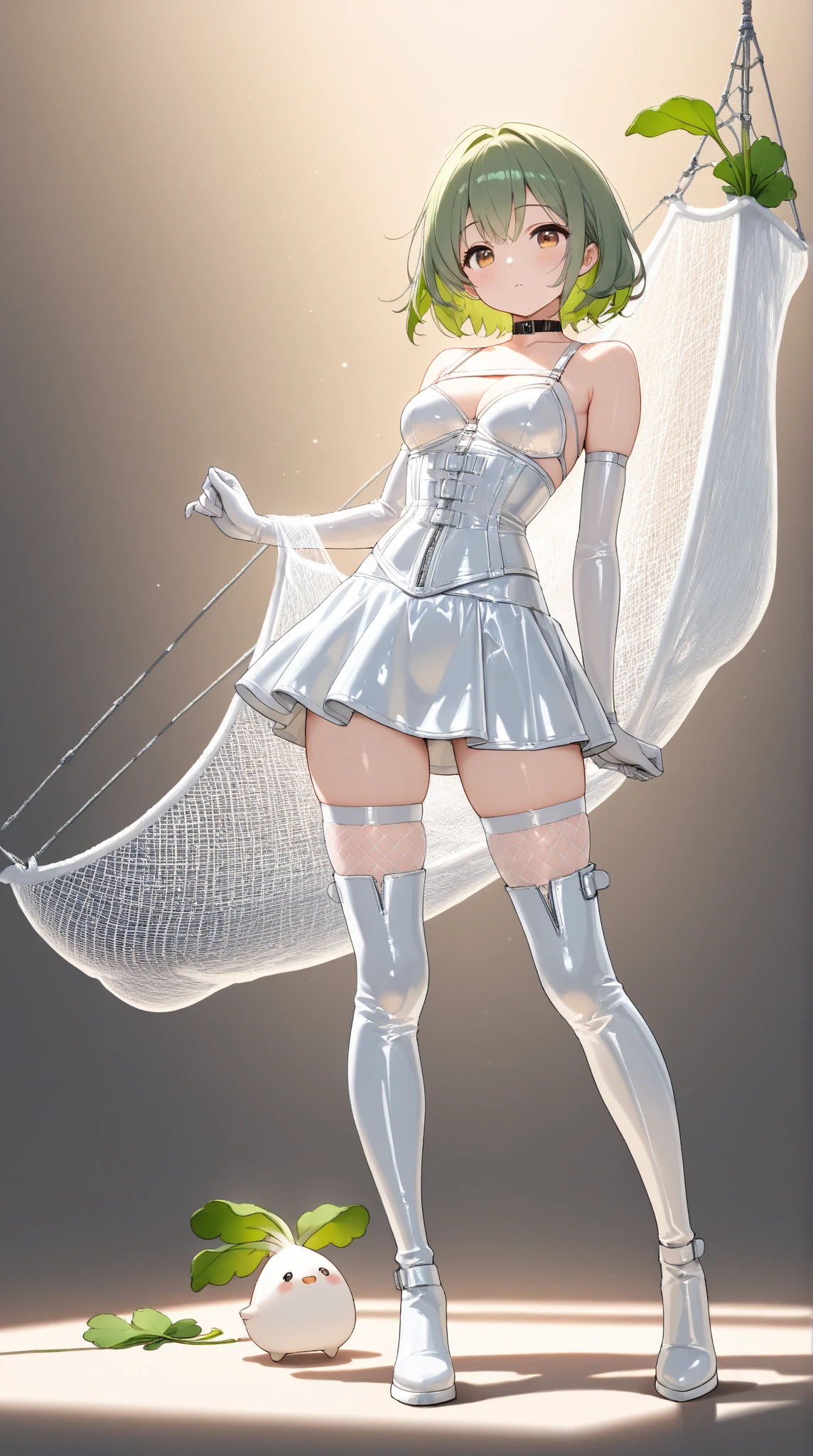 A cute creature with a white radish motif,(masterpiece, top quality, very detailed depiction, Incredibly Absurd High Definition ),( shiny white bondage corset with intricate structure,White latex tight skirt , body net stockings, Long Grove , leather choker,White tights, leather thigh-high boots),(green hair like radish leaves ,High quality skin), full body image :1.3, Bright Atmosphere , dramatic lighting , model pose,