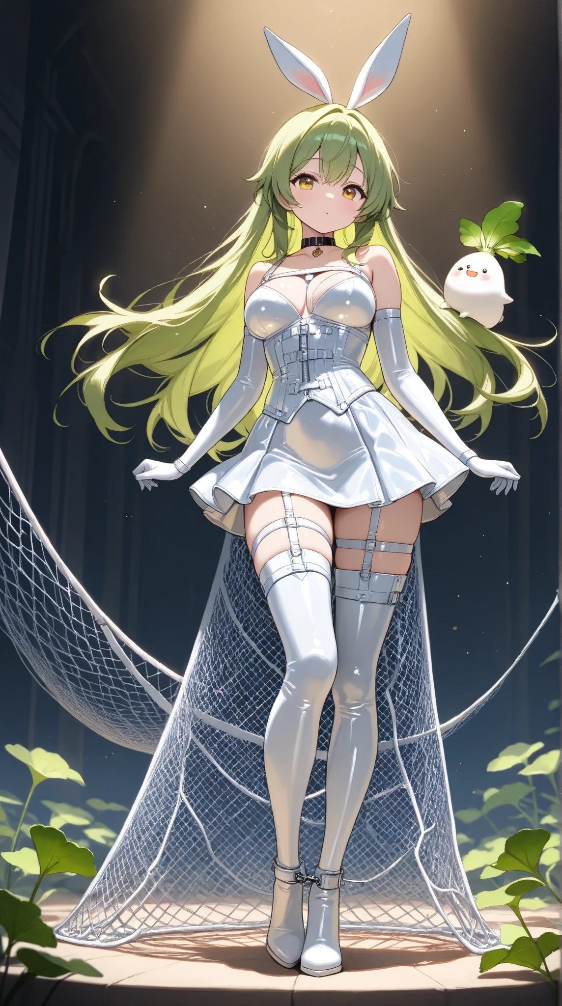 A cute creature with a white radish motif,(masterpiece, top quality, very detailed depiction, Incredibly Absurd High Definition ),( shiny white bondage corset with intricate structure,White latex tight skirt , body net stockings, Long Grove , leather choker,White tights, leather thigh-high boots),(green hair like radish leaves ,High quality skin), full body image :1.3, Bright Atmosphere , dramatic lighting , model pose,