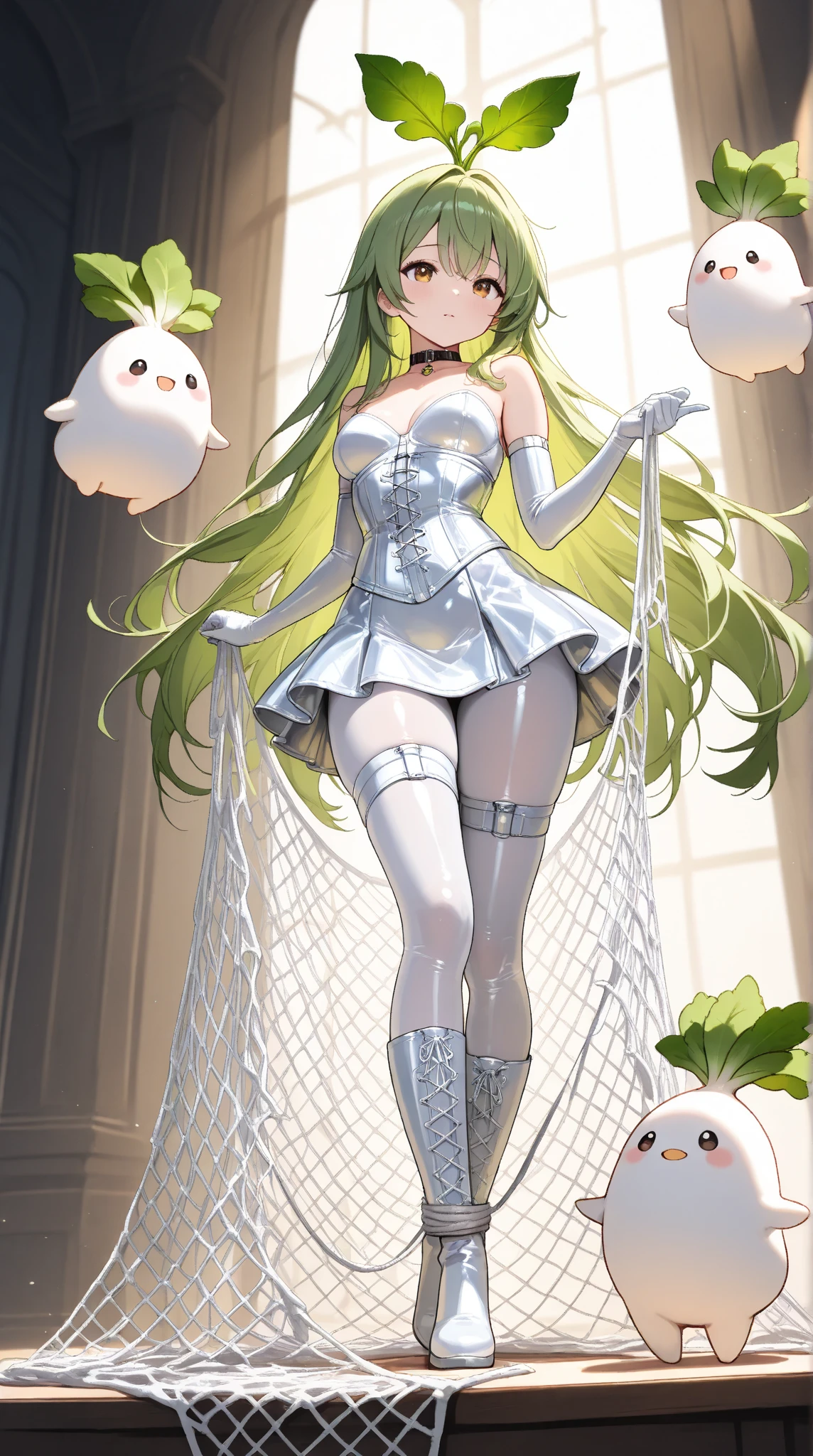 A cute creature with a white radish motif,(masterpiece, top quality, very detailed depiction, Incredibly Absurd High Definition ),( shiny white bondage corset with intricate structure,White latex tight skirt , body net stockings, Long Grove , leather choker,White tights, leather thigh-high boots),(green hair like radish leaves ,High quality skin), full body image :1.3, Bright Atmosphere , dramatic lighting , model pose,