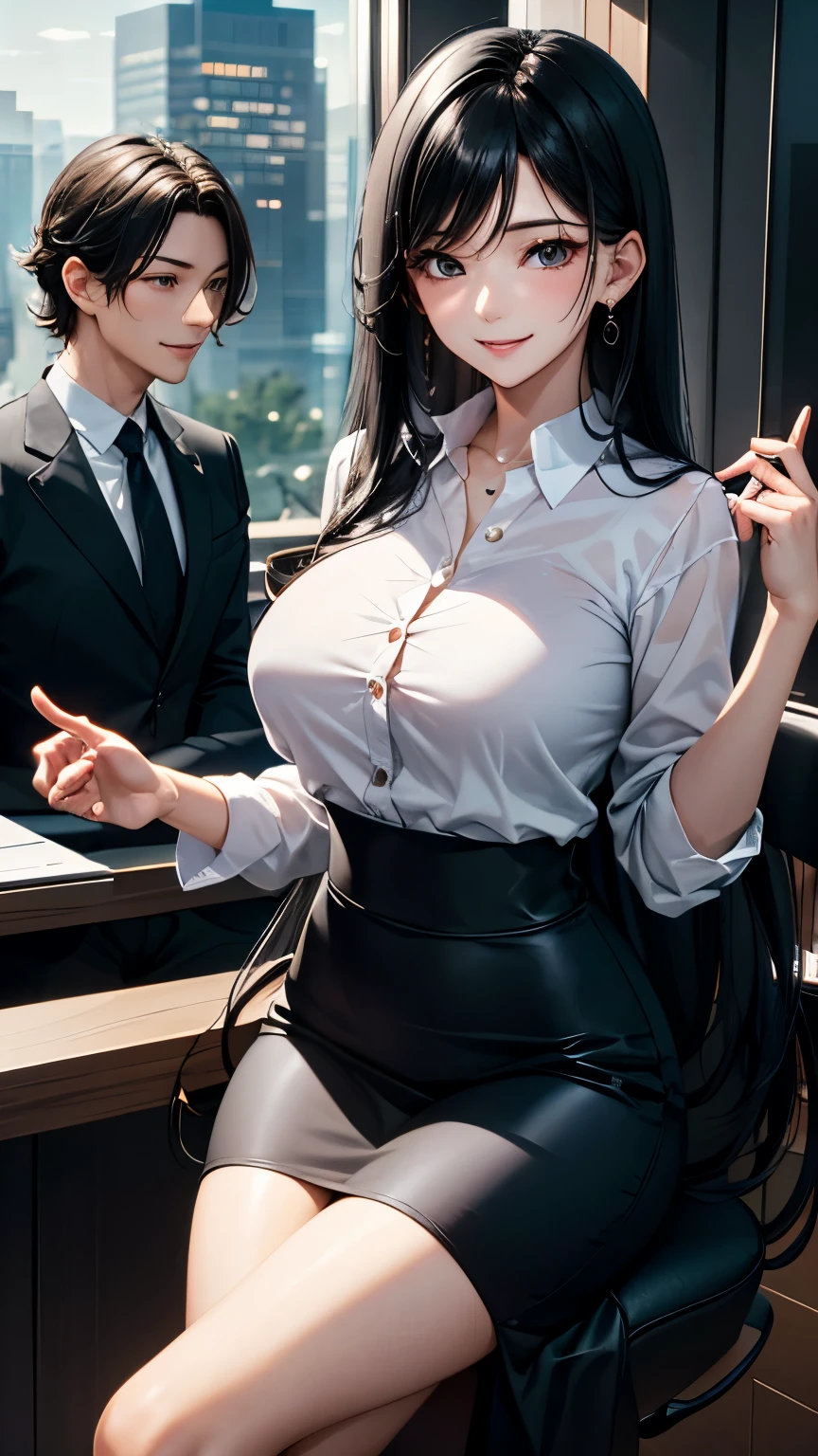 The male protagonist is talking to a woman with long black hair dressed in business attire., The woman is smiling、Photography is fun, 5 Luxury Offices