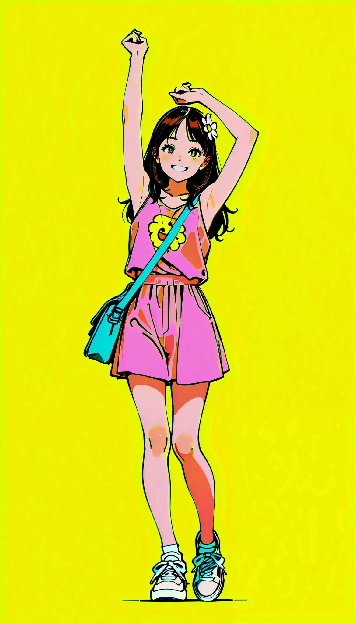  Anatomically Correct, plano general,,  drawing of a girl with a symbol of peace and a bag ,   a sketch in colored pencil inspired by Ammi Phillips  , Conceptual Art Society, Contest winner , fun and cheerful pose,  smiling, toyism, hippie girl, hippy, hippie chic, hippie fashion, hot summertime hippie,  Flower Power Hippy from the 80s ,   colored with many colors  ,   colored in  , hippie, AniPnyXLQuality, (Negative_v2 Color_BALANCE_Calibration :0.8), ezNegativexl,