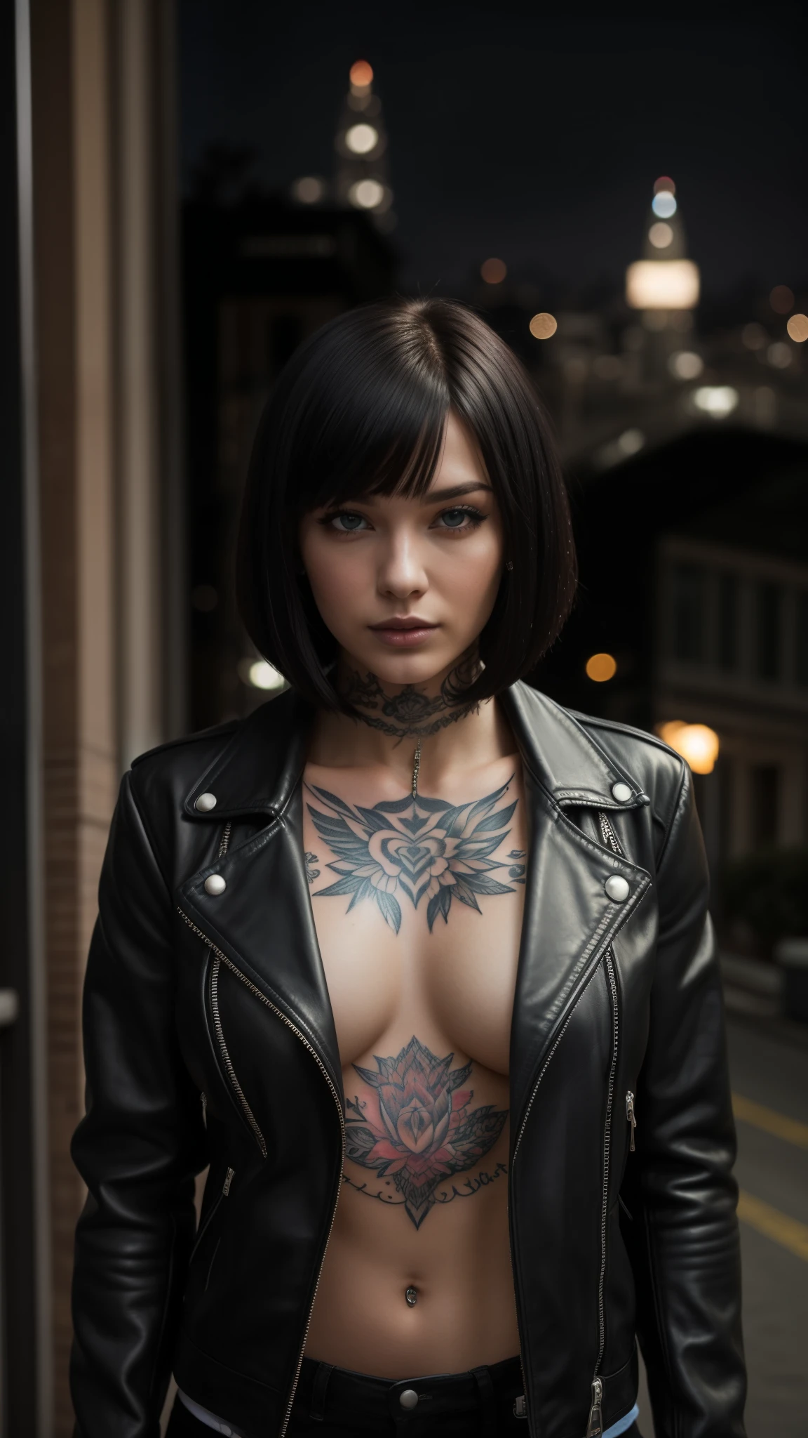 Beautiful 25 year old woman, black hair, Bob cut, blue eyes, sightly muscled, small breasts, messy hair, tattooed neck, leather jacket, black long skirt, San Francisco in the background, kinky, evil aura, night, piercings, fishnet stockings, detailed, masterpiece, hdr.