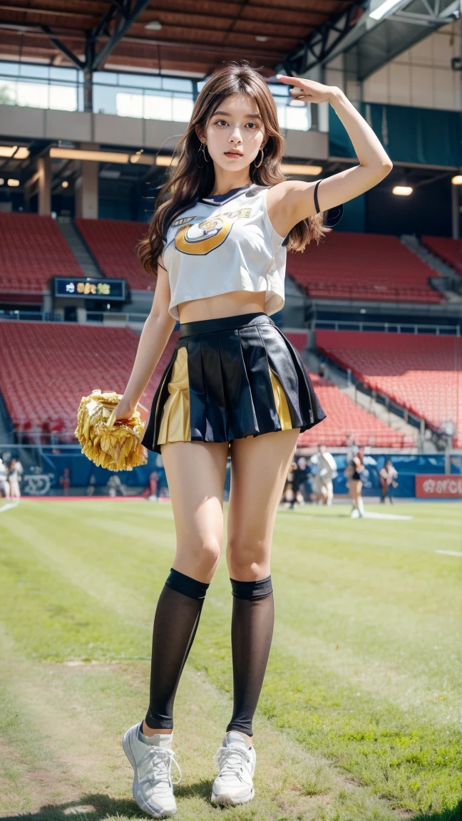 A beautiful young Japanese woman, 20 years old, with perfect anatomy, healthy thighs, beautiful feet, flawless skin, random hair color and style, large bust, (she is standing:1.2), wearing a cheerleader uniform with micro-pleated miniskirt, in a full body shot, standing in a stadium, (best quality,4k,8k, highres, masterpiece:1.3), (extremely detailed:1.2), Kyoko Yoshine