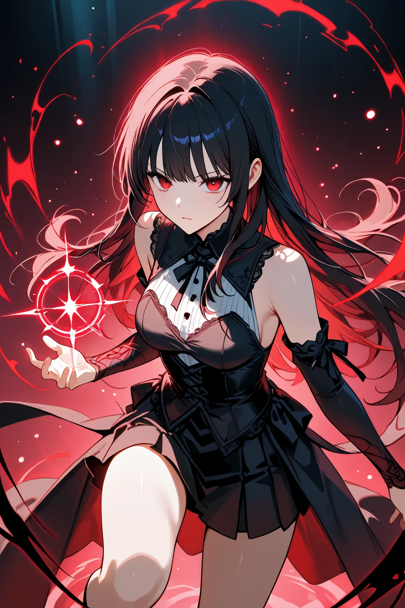 Goth girl, 1girl、 dynamic composition、adult witch、 miniskirt、Magic Activation、 Magical Aura 、 action、Witch Robe、 sleeveless、 arm cover,Combat Stance、red eyes,Concentrate the magical aura on your hands、Particles of light
