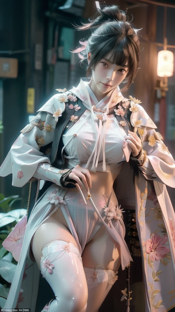  A sexy female character wearing white armor as a warrior from the Sengoku period 、((Messy bun hair))、((raven black hair))、((toned body))、(glistening skin)、 tight body、((mega breasts 1.8))、 plump breasts 、 plump thighs 、 The white armor with the Nadeshiko flower pattern engraved on it is a bikini type design that emphasizes chest exposure、(  wear a cape with a Nadeshiko flower pattern )、cocoon silhouette skirt、 white shin guard with Nadeshiko flowers engraved on it 、Pink high-leg underwear 、White tights、 absolute domain、((sword close-up, long bloodstained sword))、Dramatic lighting、Big Yamabuki flowers in full bloom are blooming in front of the glorious hill where the sun is rising 、Big Asahi 、(( The background is full blooming with large Nadeshiko flowers blooming in full bloom ))、(( A sexy female character wearing white armor as a warrior from the Sengoku period ))、 cinema-like scene 、((Background Japanese dianthus)) 、((foreground　Japanese dianthus))、 Max Image、 Ultra High Definition、8k