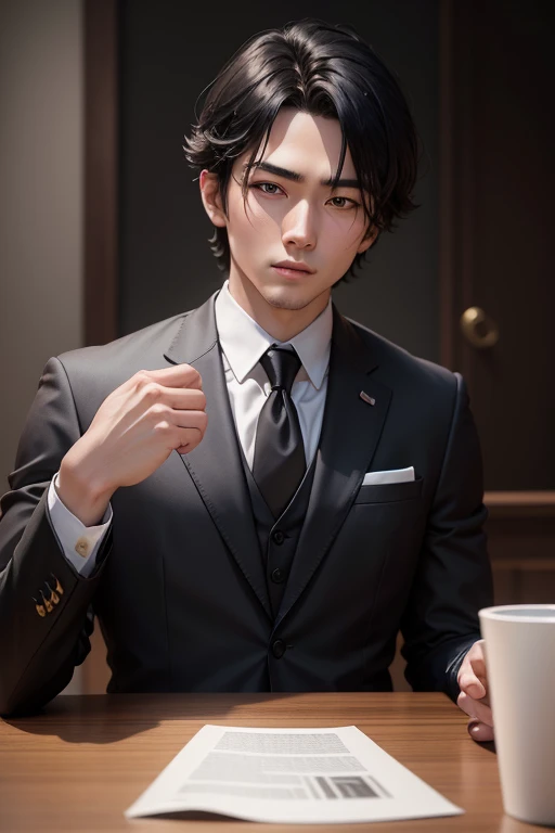 (masterpiece, best quality:1.2), cowboy shot, solo, male focus, 1boy, chrollo lucilfer, expressionless, closed mouth, handsome, crossed arms, formal, black suit, collared shirt, black necktie, black pants, black pants, jewelry, bandages, (blood:1.1)