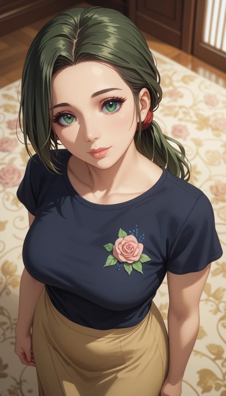 (masterpiece, best_quality:1.2), 1girl, solo, mature female, 1girl, dark-green hair, low ponytail, t-shirt, long skirt, beautiful eyes, female focus, looking at viewer, ((above view)) ((close up shot)) ((solo)) detailed, very high resolution, no blurry image, standing, beautiful, elegant, serene expression, intricate details, detailed background, bedroom:1.3