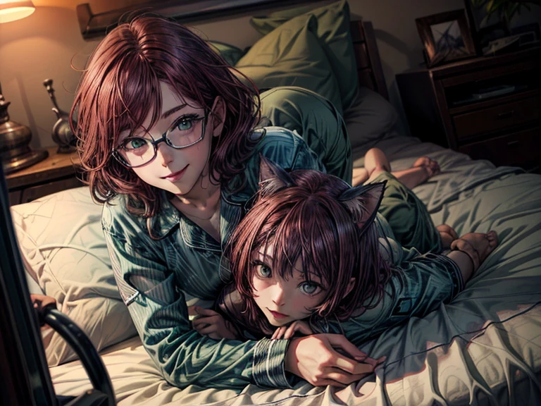  Red cat came to be friends with short ones,  red hair ,  green eyes ,  metal-framed glasses, green pajamas with buttons, smiling girl in bed .