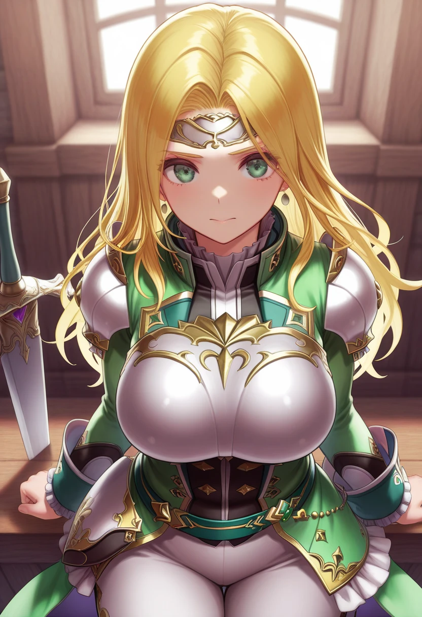 blonde hair,long hair,green eyes,liza (romancing saga 2),best quality,masterpiece,huge breasts,armor,,sword,adult