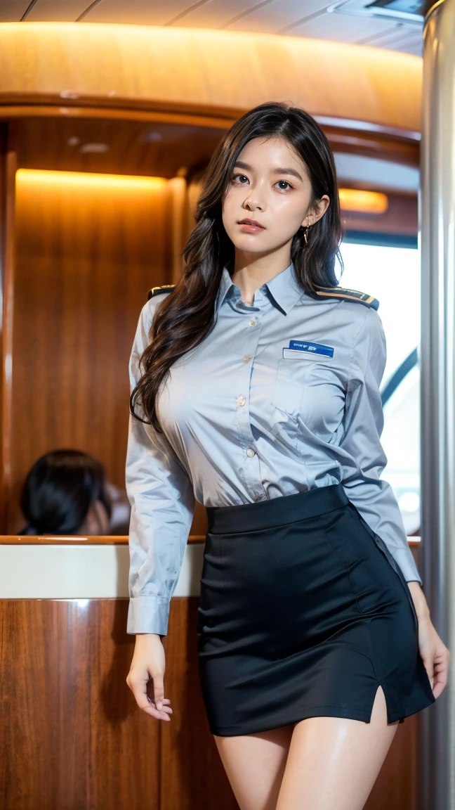 A beautiful, 24-year-old Japanese woman with perfect anatomy, healthy thighs, beautiful legs, beautiful skin, random hair color and style, large breasts, (wearing a flight attendant uniform with a mini-skirt:1.3), (she is standing:1.2), full body shot, pumps, carrying a suitcase, at the airport, (best quality,4k,8k,highres,masterpiece:1.3),(extremely detailed:1.2),realistic,photorealistic,photo-realistic:1.37,professional,vivid colors, studio lighting, Kyoko Yoshine