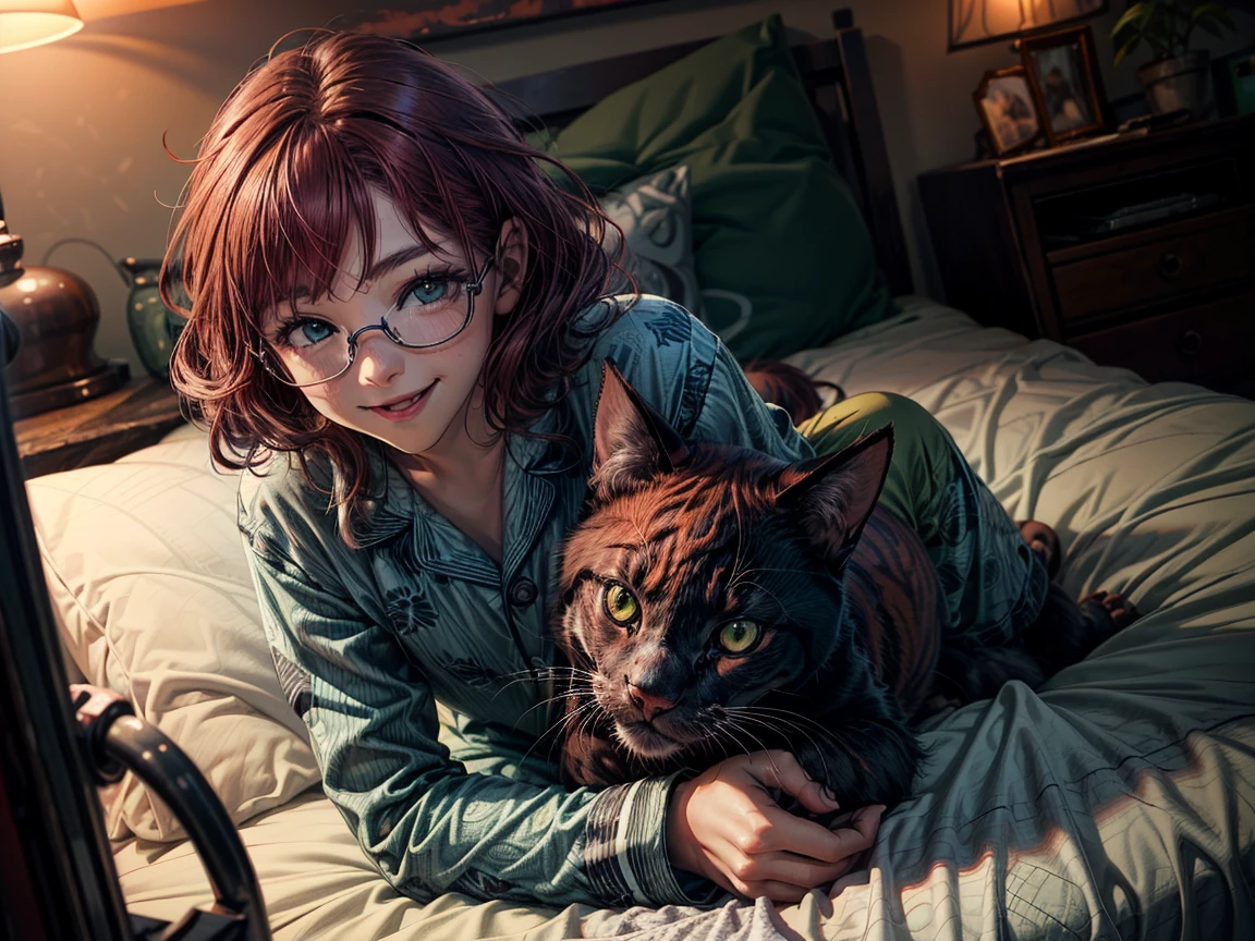  Red cat came to be friends with short ones,  red hair ,  green eyes ,  metal-framed glasses, green pajamas with buttons, smiling girl in bed .