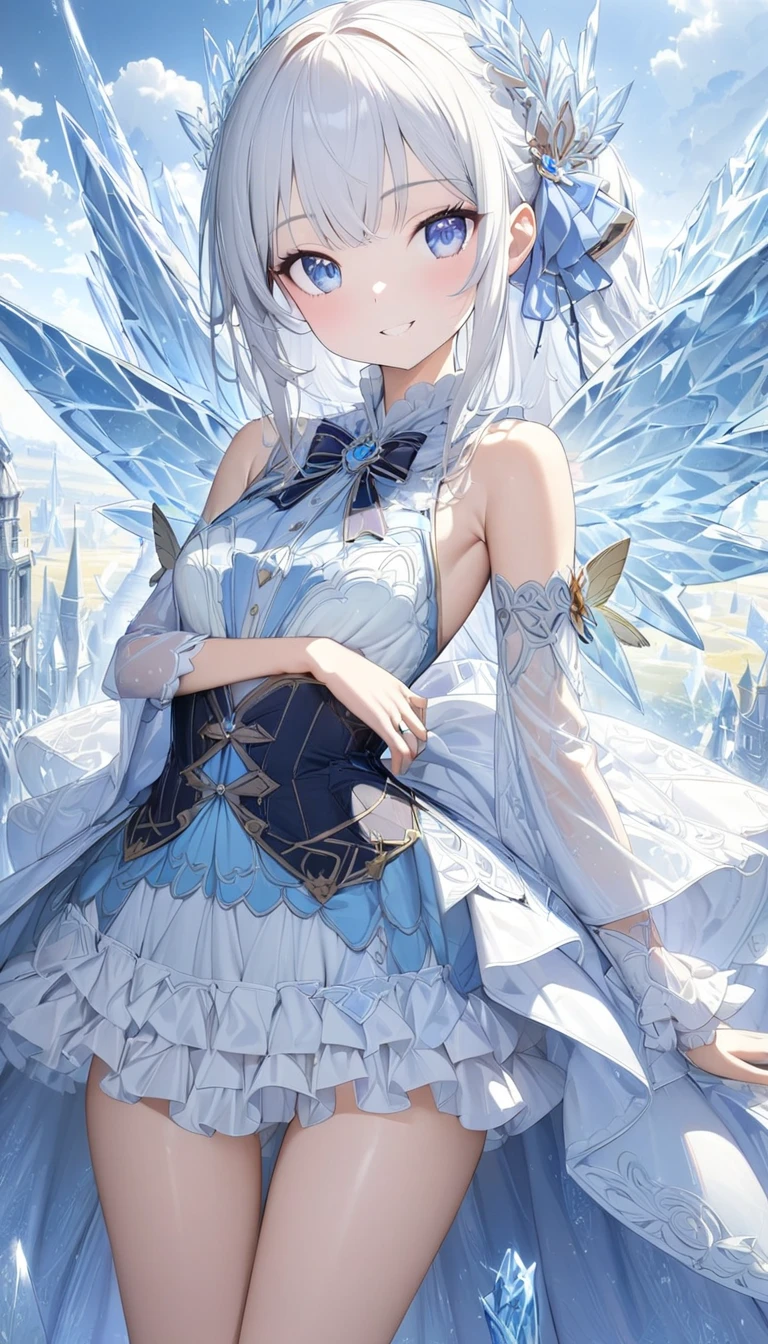 change, Fairy,  white-haired: length,  blue eyes, small breasts, vest, garter,  hair accessories,  has an enchanting smile, sight,  head tilt, Behind the arm, ( slim), (Thin legs:  open legs),  high detail,  top quality,   masterpieces during breakfast , Detailed ice, Cumulonimbus, Beautiful details shine through, Wings with an ice crystal texture