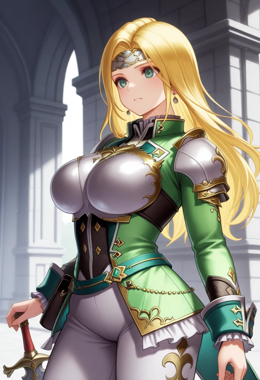 blonde hair,long hair,green eyes,liza (romancing saga 2),best quality,masterpiece,huge breasts,armor,,sword,adult