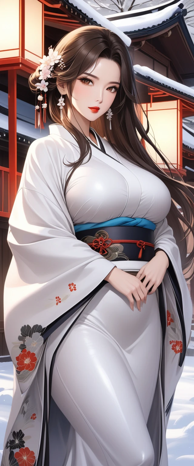                   Brown Eyes                 , black 髪, length髪,                        mature mature      ， length,                 shiny wet hair        ，                 brown hair，              Glowing Lips         ，beautiful，Big Breasts，beautifulデコルテ， beautiful脚 ，   kimono， comments， Winter Scenery，，