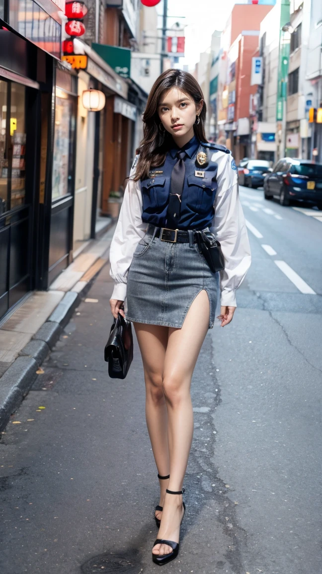 beautiful Japanese woman, 22 years old, perfect anatomy, healthy thighs, beautiful legs, beautiful skin, random hair color, random hairstyle, large breasts, female police officer, (Japanese police uniform:1.3), (miniskirt:1.3), (she is standing:1.2), full body shot, high heels, city street, (best quality, 4k, 8k, highres, masterpiece:1.3), (extremely detailed:1.2), Kyoko Yoshine