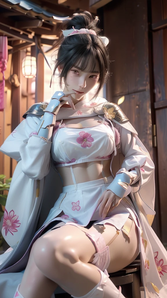  A sexy female character wearing white armor as a warrior from the Sengoku period 、((Messy bun hair))、((raven black hair))、((toned body))、(glistening skin)、 Tight Body 、((mega breasts 1.8))、 plump breasts 、 plump thighs 、 The white armor with the Nadeshiko flower pattern engraved on it is a bikini type design that emphasizes chest exposure、(  wear a cape with a Nadeshiko flower pattern )、cocoon silhouette skirt、 white shin guard with Nadeshiko flowers engraved on it 、Pink high-leg underwear 、White tights、 absolute domain、((from very high))、((acrobatic pose))、Dramatic lighting、Big Yamabuki flowers in full bloom are blooming in front of the glorious hill where the sun is rising 、Big Asahi 、(( The background is full blooming with large Nadeshiko flowers blooming in full bloom ))、(( A sexy female character wearing white armor as a warrior from the Sengoku period ))、 cinema-like scene 、((Background Japanese dianthus)) 、((foreground　Japanese dianthus))、 Max Image、 Ultra High Definition、8k