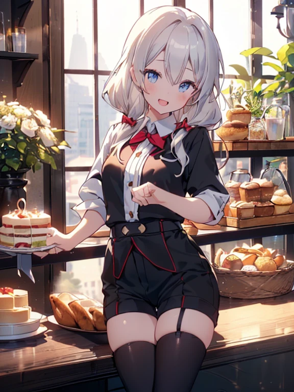 (looking down on the audience:1.3),(from side:0.9), ((Face)), (Close-Up:0.4), ((looking at viewer, holding a cake)),highest quality、(real、photorealistic:1.4),(ultra high resolution, 8K RAW photo, clear focus), best qualtiy, natural lighting, field depth, (Bright pupils, detailed beautiful eyes, high detailed face), Red lip, (tight focus:1.2, from below), sexy posing, 1female, teacher, wearing a dark brown hoodie, bootyshorts, Thicc, big breast, silver hair, long hair, blue eyes, pretty girl, (highly detailed beautiful face and eyes,firm breasts),oily skin,((black,hair,long pony tail hair)),thin pubic hair,cute,lovely,24 years old,(alchemist costume:0.8), detailed eyes, the background is a pizzaria, smiling,(with sparkling eyes and a contagious smile), looking at viewer,