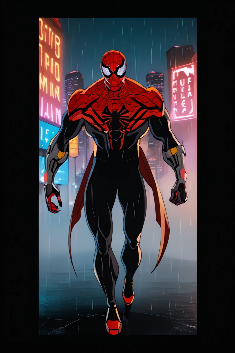 Appearance: A futuristic noir-inspired Spider-Man wearing a matte black suit with silver and crimson web patterns.
	•	Accessories: A fedora with glowing red lenses, a crimson scarf-like mask, and retractable claws on his gloves.
	•	Pose: Standing confidently in a cyberpunk cityscape with neon lights and rain in the background.