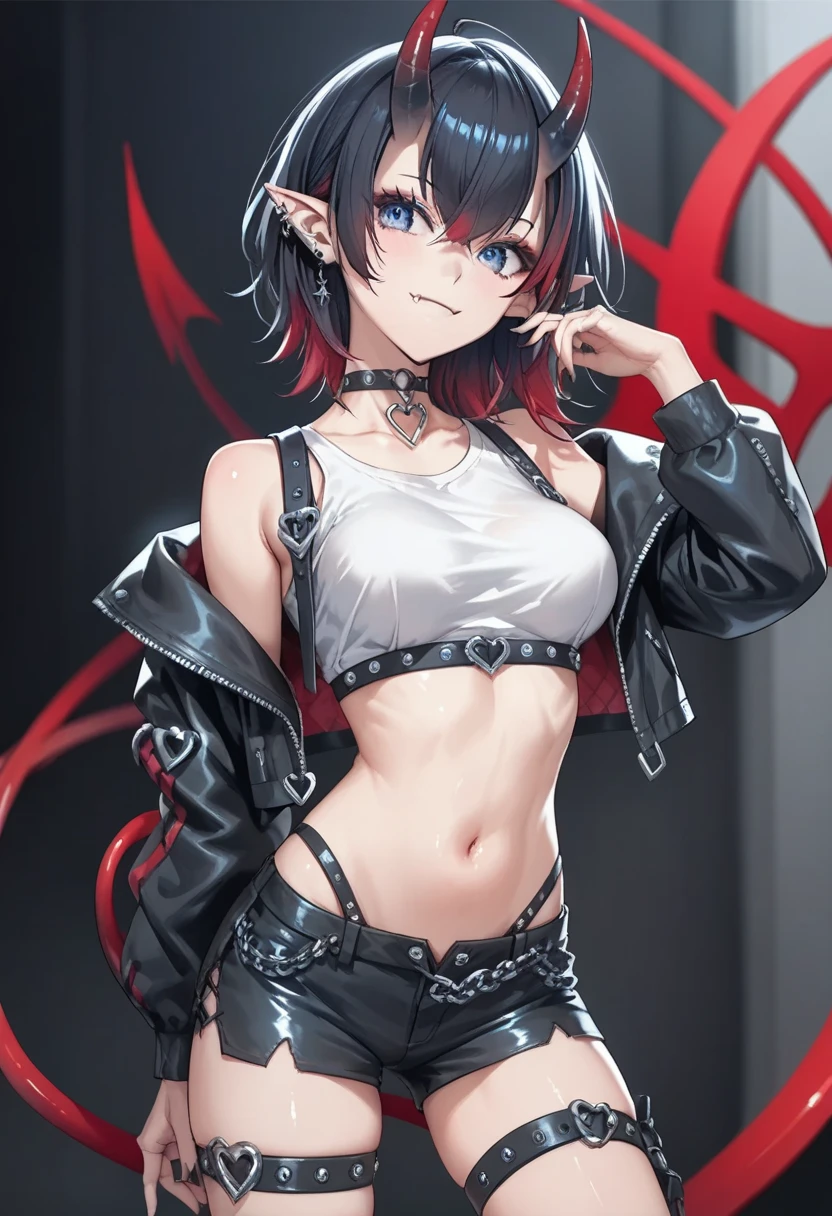 mature woman, 1 girl, (masterpiece, best quality, highly detailed), sharp focus, detailed face, face focus, focus on face, highly detailed eyes, long black cyclamen hair, (cyclamen highlights: 1.3), braids, side bottom braid, cyclamen-red eyes, (sparkling eyes: 1,2), long eyelashes, (strong blush: 1,2), delicate makeup, big breasts, ((black leather strappy body-hugging femdom top and pants, straps, bare shoulders , cleavage)), Cross earrings, pierced ears, cinematic lighting, edge lightning, shading, dynamic angle, sharp image, perfect quality, red room, candlelight, old room, pentagram on the walls, perfect anatomy, vampire castle, chibi, mini chibi, cute, smile,
