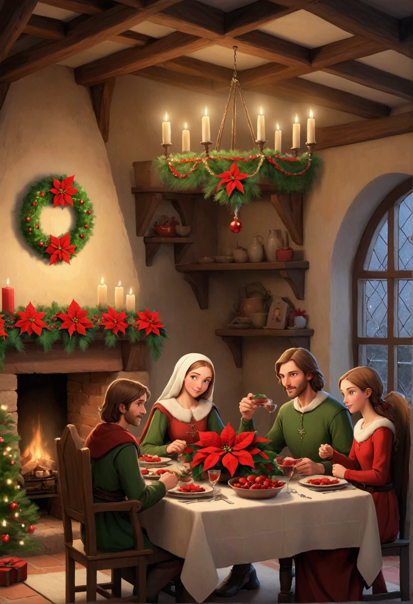 A medieval family, in a dining room, Christmas dinner, Christmas Eve, poinsettia plants decorating the room, homely atmosphere, Christmas