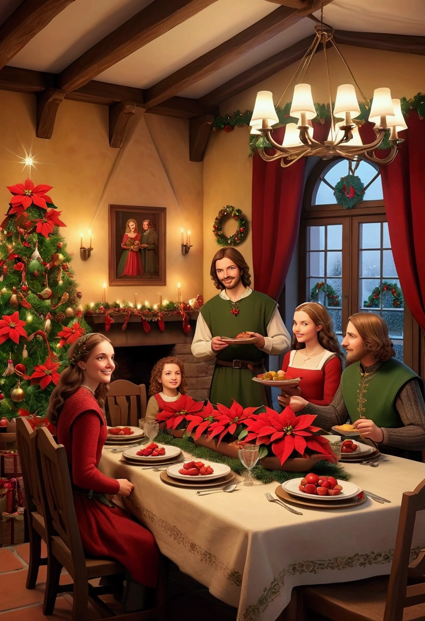 A medieval family, in a dining room, Christmas dinner, Christmas Eve, poinsettia plants decorating the room, homely atmosphere, Christmas