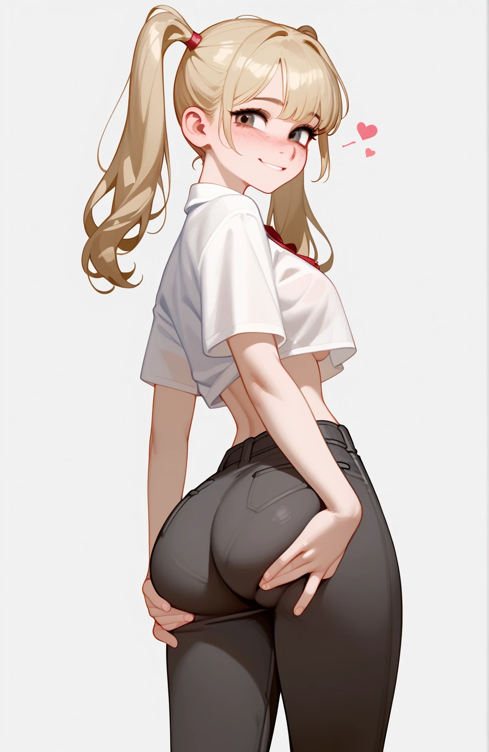 score_9,score_8_up,score_7_up,score_6_up,score_5_up,score_4_up,1girl, pretty girl, shy smile, blond hair, in twintails, pale skin,highly detailed face, cute nose, seductive, freckles, slim blouse, black pants ,big bust,wide hips, bubble ass,athletic legs, ass grab, groping, ass squeeze, juicy ass,hot,horny,seductive sexual pose,uncensored
