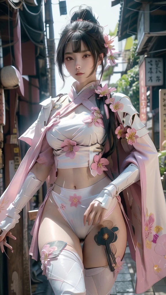  A sexy female character wearing white armor as a warrior from the Sengoku period 、((Messy bun hair))、((raven black hair))、((toned body))、(glistening skin)、 Tight Body 、((mega breasts 1.8))、 plump breasts 、 plump thighs 、 The white armor with the Nadeshiko flower pattern engraved on it is a bikini type design that emphasizes chest exposure、(  wear a cape with a Nadeshiko flower pattern )、cocoon silhouette skirt、 white shin guard with Nadeshiko flowers engraved on it 、Pink high-leg underwear 、White tights、 absolute domain、((walking style))、((acrobatic pose))、Dramatic lighting、Big Yamabuki flowers in full bloom are blooming in front of the glorious hill where the sun is rising 、Big Asahi 、(( The background is full blooming with large Nadeshiko flowers blooming in full bloom ))、(( A sexy female character wearing white armor as a warrior from the Sengoku period ))、 cinema-like scene 、((Background Japanese dianthus)) 、((foreground　Japanese dianthus))、 Max Image、 Ultra High Definition、8k