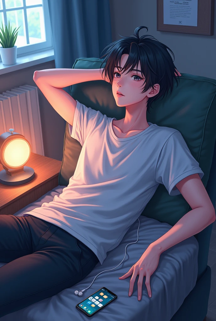 (closed eyes:1.5), cinematic angle, masterpiece、high quality、(25 year old man with short dark brown hair and green eyes:1.5), wearing a white T-shirt、(Alone:1.5)、(sleepy:1.2), closed eyes, (Only the upper body is shown.:1.3)、The background is the seat of the sofa、on back,