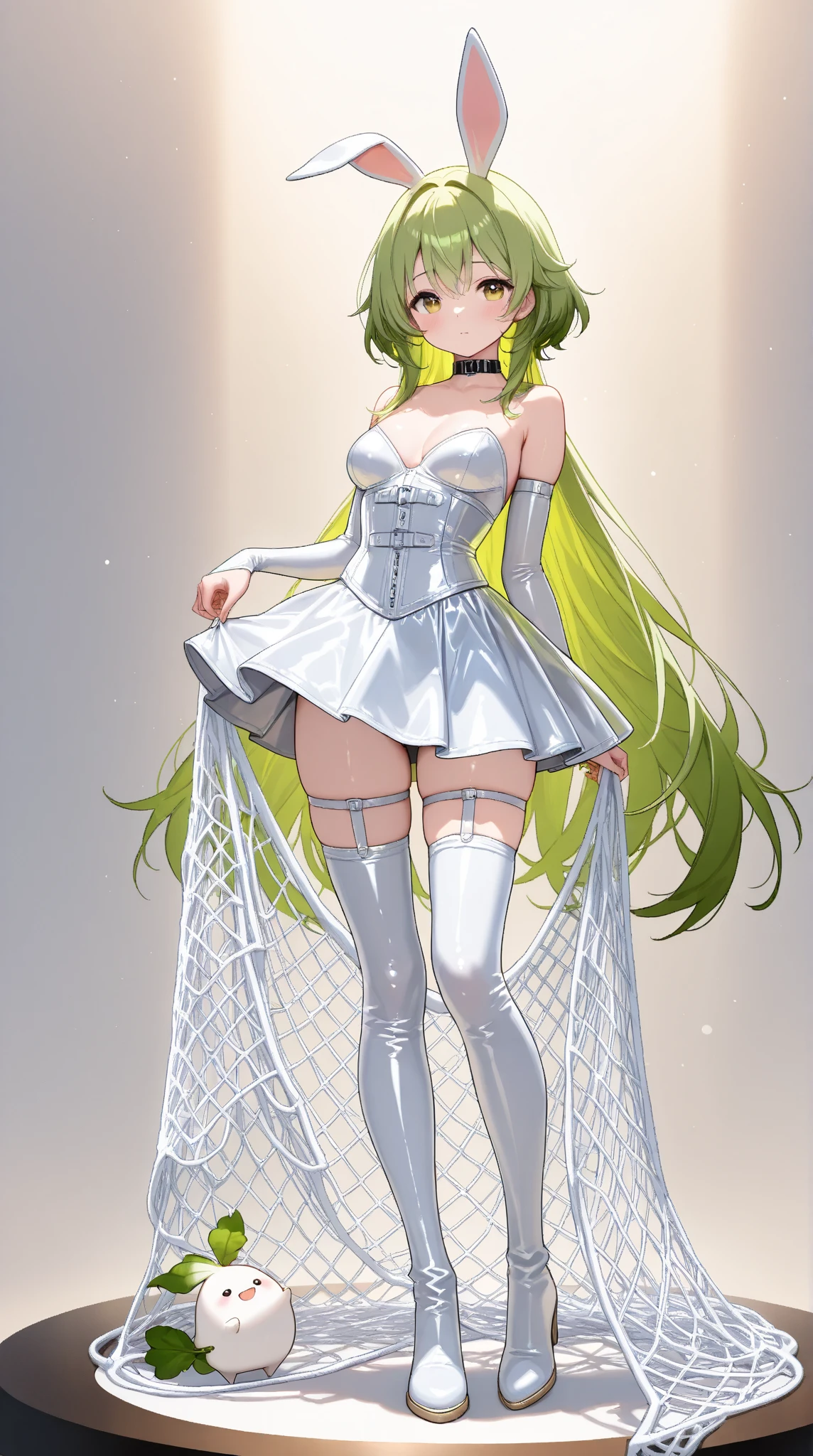 A cute creature with a white radish motif is wearing a latex costume,(masterpiece, top quality, very detailed depiction, Incredibly Absurd High Definition ),( shiny white bondage corset with intricate structure,White latex tight skirt , body net stockings, Long Grove , leather choker,White tights, leather thigh-high boots),(green hair like radish leaves ,High quality skin), full body image :1.3, Bright Atmosphere , dramatic lighting , model pose,