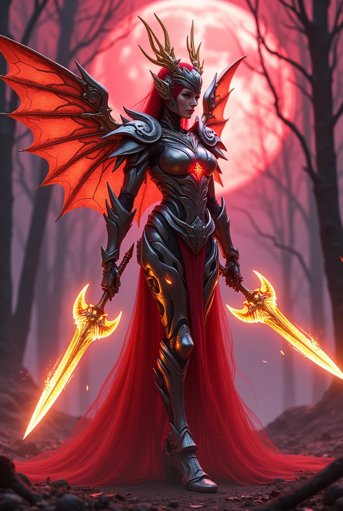 best quality, Best Illustration, Highly detailed CG Unity 8k wallpaper,Dark fantasy setting,Beautiful female demon,,Spiked accessories,Tight combat suit,Red Eyes,Blazing Devil Wings,sharp corners,holding a sword with flames,Cast Shadows,Standing on the ruins,Red and orange palette,otherworldly power,Dynamic Lighting, Depth of Field, The best shadow, stable diffusion model, sparkling