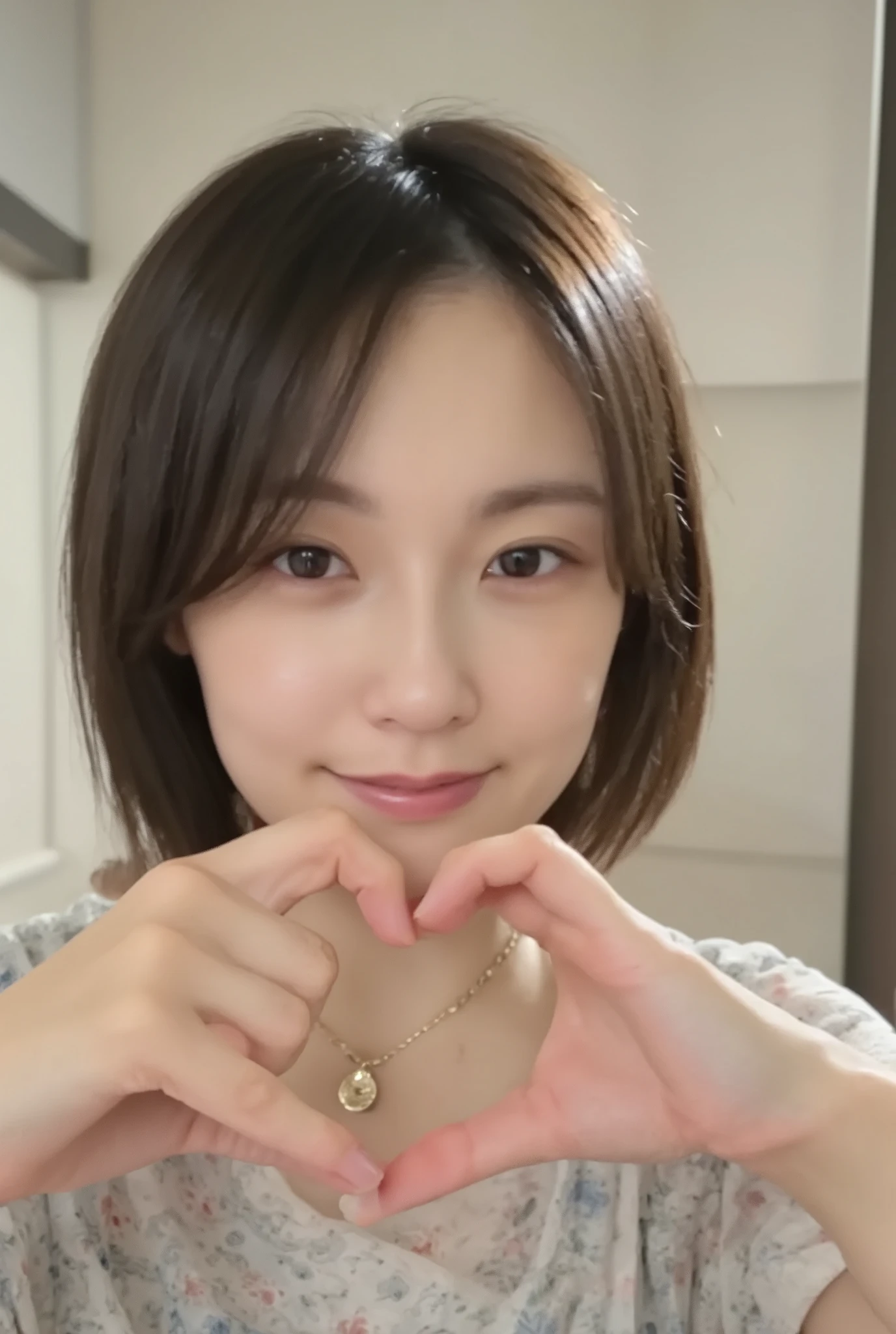 She is wearing off-the-shoulder pajamas, making a heart shape with her hands in front of her chest and smiling while taking a cute pose、 background is monotone
