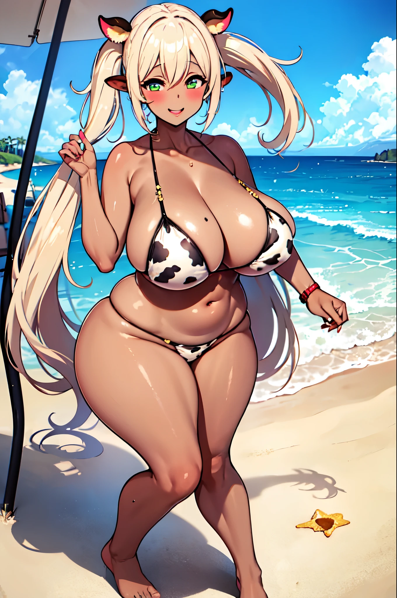 photorealistic of this babe at a beach with her top off, skimpy g-string, not wearing shoes, wearing frilly ankle bracelet, frilly choker, big plump lips, smiling, tan lines, bleached blonde hair, bimbo, ENORMOUS TITS