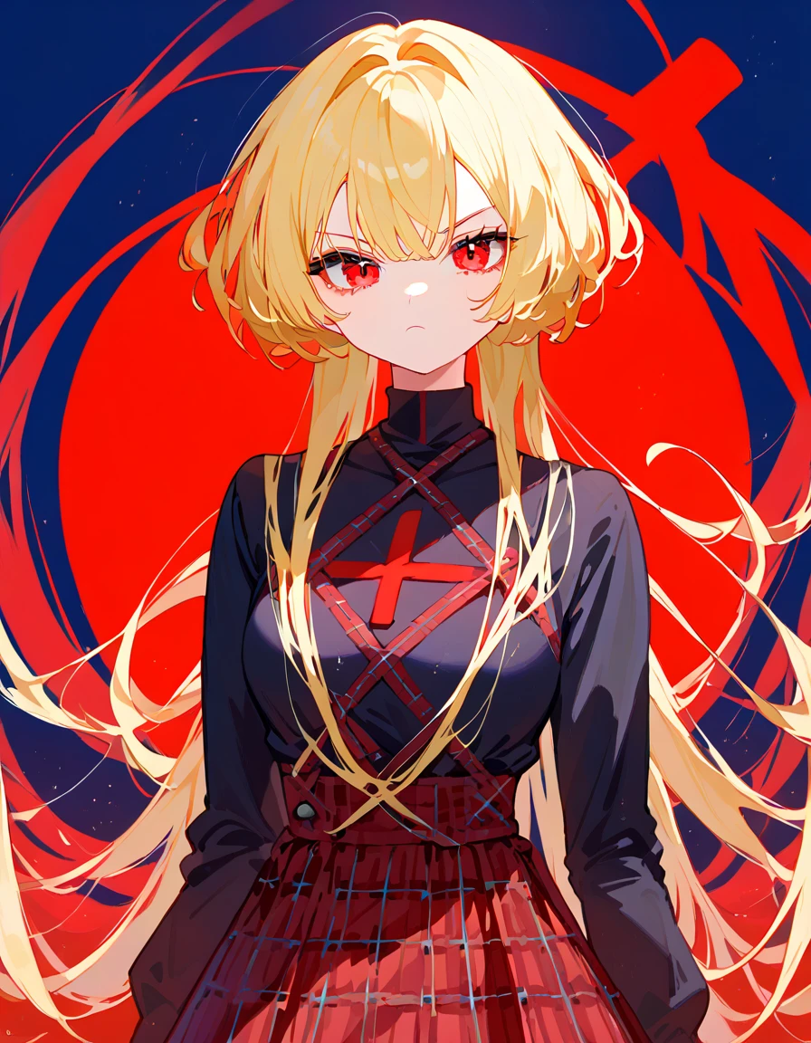 girl,Yellow hair, in red eyes ,Blue and red eyes,In a criss-cross , Black Eyelet ,ผมtwinstails hair,Gui Gangster , Long Sleeve Shirt,Gothic,Plaid skirt,cool,suspicious face???