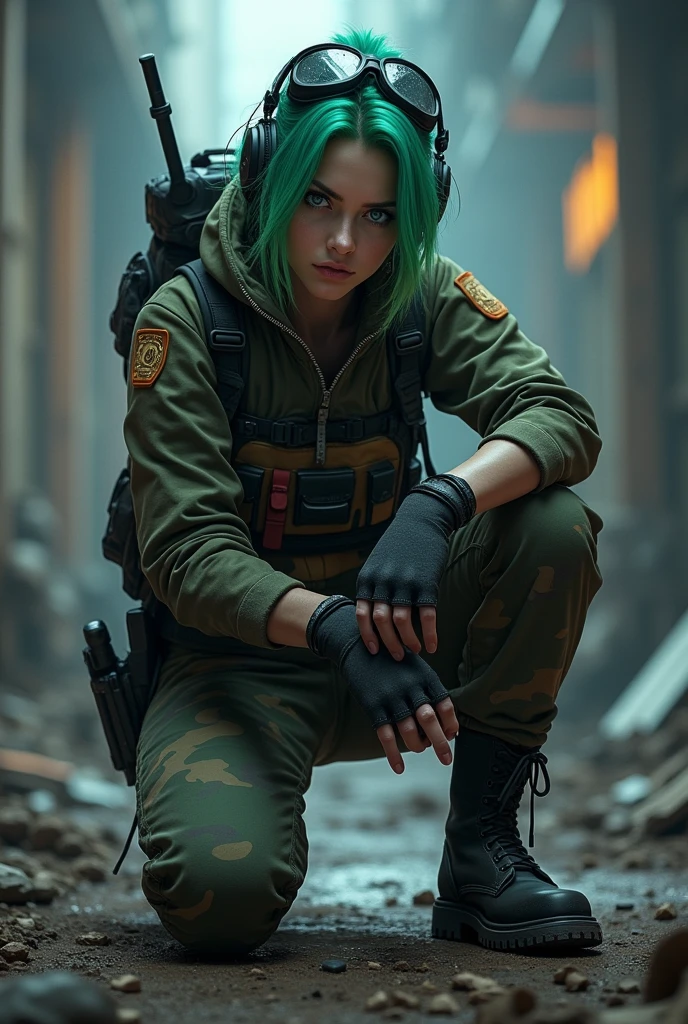 She_(the rainbow_Six_siege), masterpiece, Best quality, 1 girl, camouflage, One, green hair, backpack, Boots, It has, Goggles, Goggles on headwear, is, jacket, Hood, bag, short hair, garnish, Blue eyes, camouflage jacket, gloves, murmur, Hood down, looking back, thigh murmur, Radio Antenna, military, headphones, leggings, closed mouth, camouflage брюки, huge is, sexy hips, sits on the toilet, poops, diarrhoea