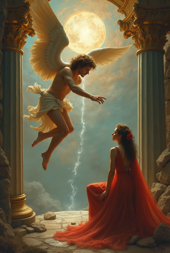 A young male divine playing a harp on a riverbank next to a fallen armored warrior 