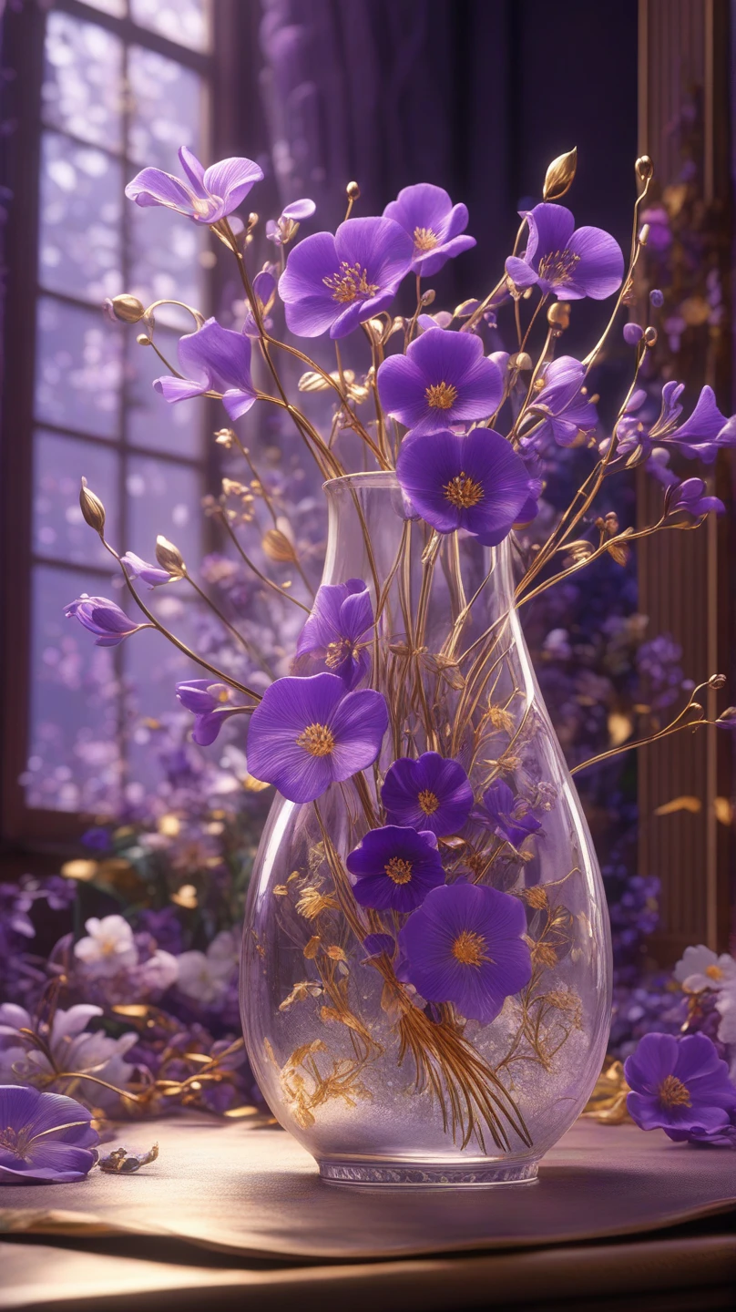  goldの薩摩切子ガラス, Many beautiful violet flowers are in a very long, thin vase, soul,  fairy tale, soul、soul,  colorful , Silver,  gold,  Cinematic Lights , 8k, Bage design 、 High Quality 、 Highest Masterpiece