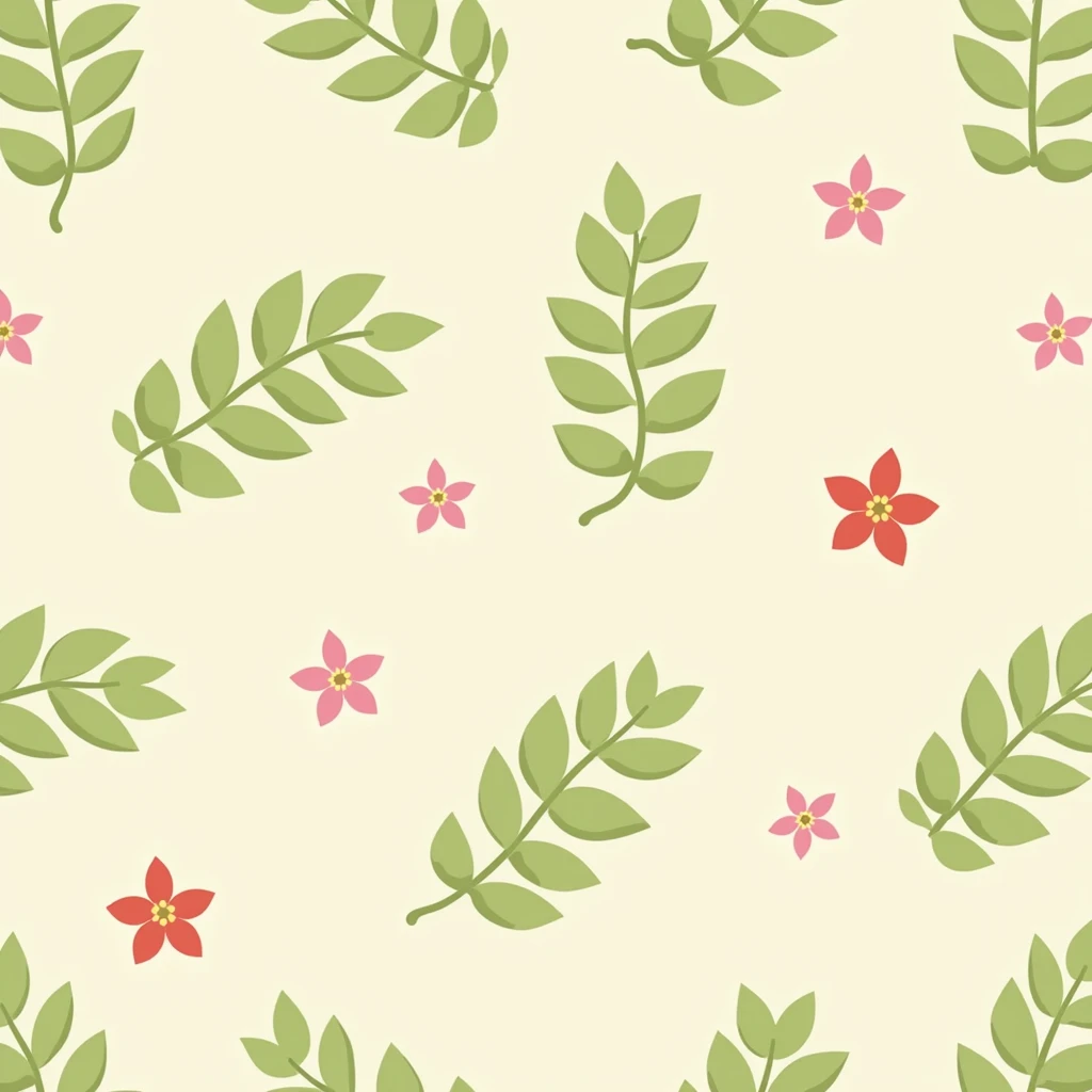 Pattern1,The image is an illustration of a plant with green leaves and pink and yellow flowers. The leaves are arranged in a repeating pattern, with some overlapping each other. The background is a light beige color, and the leaves are in a pastel green color. The flowers are in different shades of pink, red, and yellow, and they are scattered throughout the image. The overall style of the illustration is minimalistic and modern.