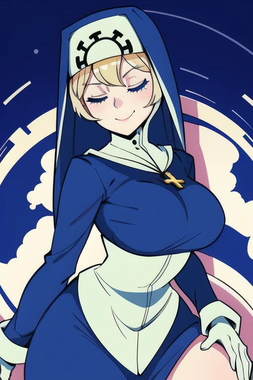 Double, short blonde hair, nun uniform, medium breasts, solo, 1girl, smiling, cowboy shot, closed eyes, 
 blue habit, cross necklace ,white gloves, long sleeves, nun, long skirt, skirt touch the ground,
(insanely detailed, beautiful detailed face,beautiful detailed eyes, masterpiece, best quality), sexy pose, leaning back 