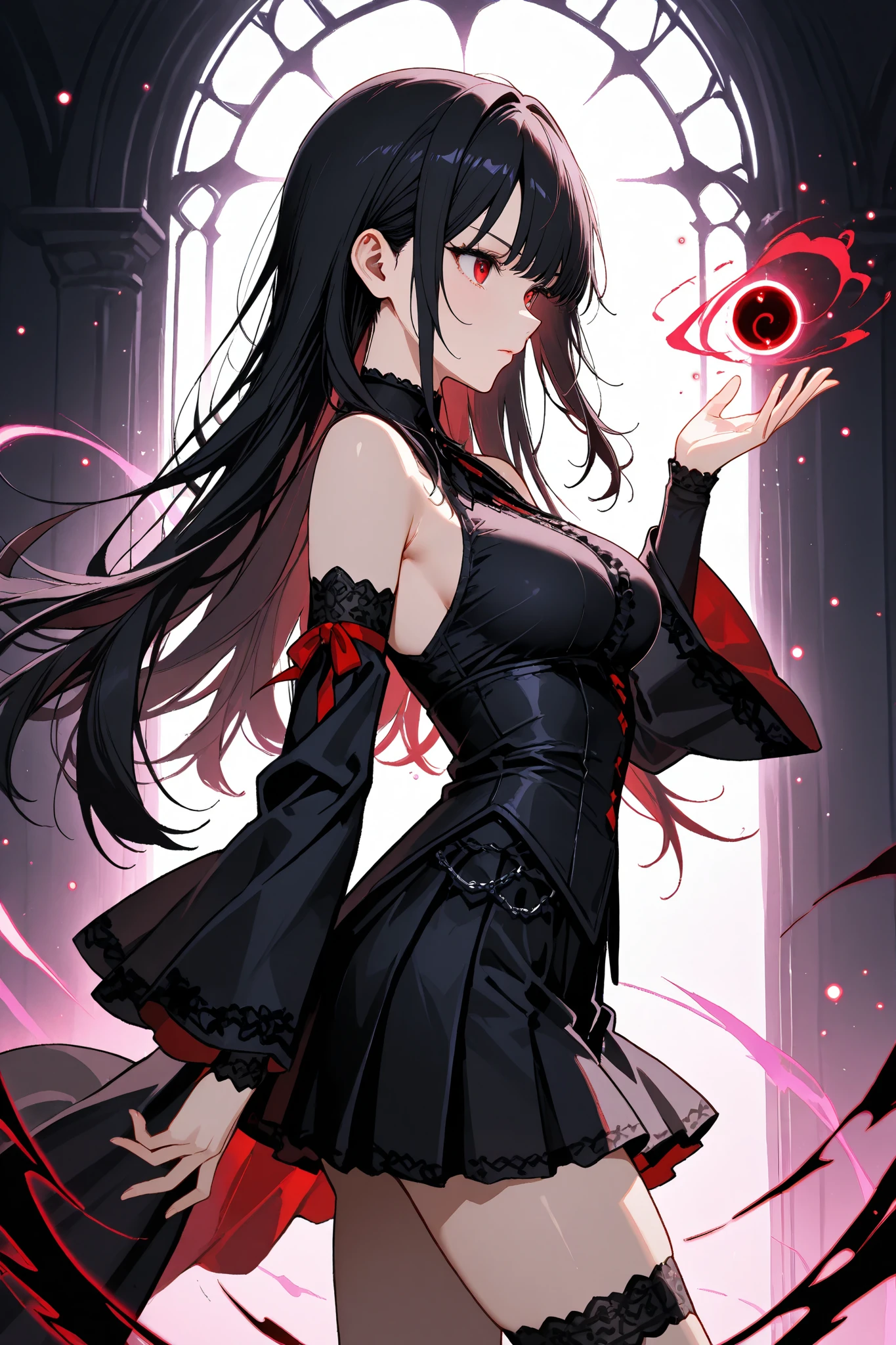 Goth girl, 1girl、from side, dynamic composition、adult witch、 miniskirt、Magic Activation、 Magical Aura 、 action、Witch Robe、 sleeveless、 arm cover,Combat Stance、red eyes,Concentrate the magical aura on your hands、Particles of light