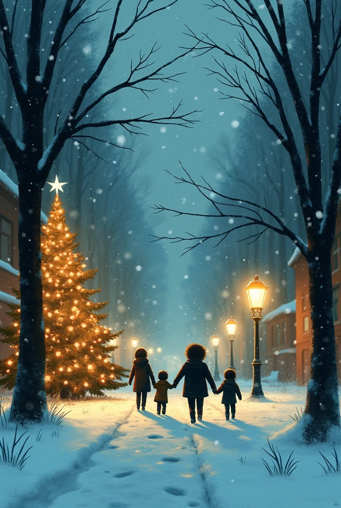 Christmas Eve, illustration, Abstract, silhouette, sputtering art, snow, Xmas tree, street illumination,