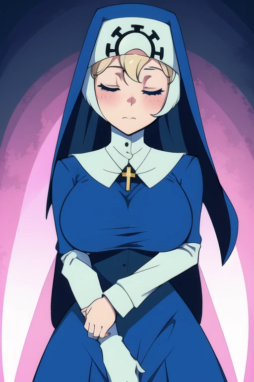 Double, short blonde hair, nun uniform, medium breasts, solo, 1girl, worried look, blush, cowboy shot, closed eyes, 
 blue habit, cross necklace ,white gloves, long sleeves, nun, long skirt, skirt touch the ground,
(insanely detailed, beautiful detailed face,beautiful detailed eyes, masterpiece, best quality), bathroom, groined, holding groin, 