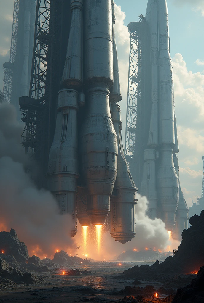 Spacecraft on the take-off station, around the flames from the ship's engine