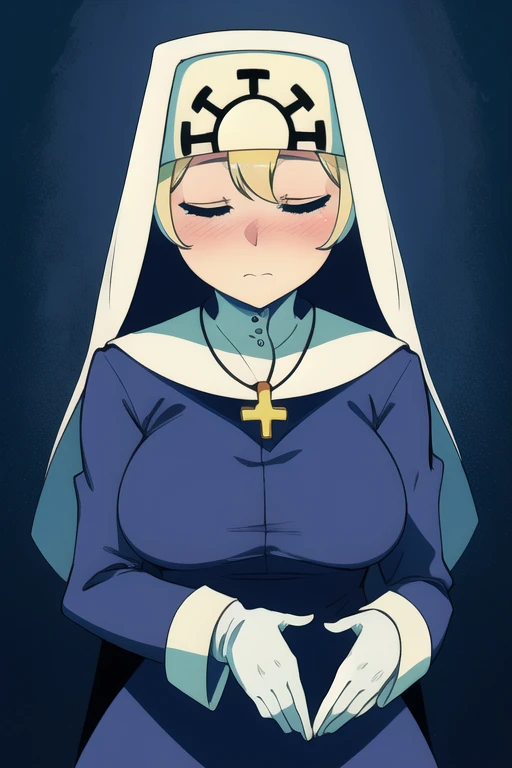 Double, short blonde hair, nun uniform, medium breasts, solo, 1girl, worried look, blush, cowboy shot, closed eyes, 
 blue habit, cross necklace ,white gloves, long sleeves, nun, long skirt, skirt touch the ground,
(insanely detailed, beautiful detailed face,beautiful detailed eyes, masterpiece, best quality), bathroom, groined, hands placing groin, 