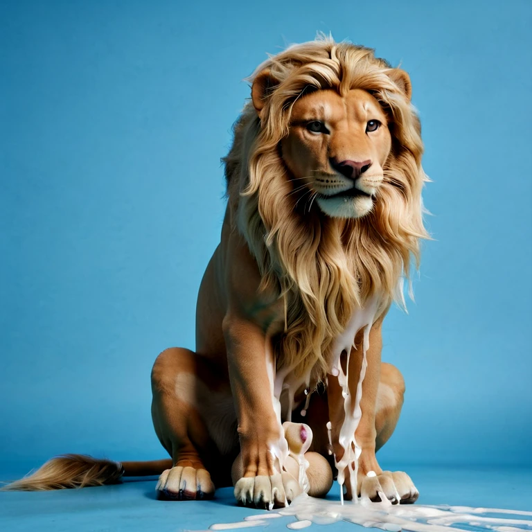 (((lion, feral, big dog sheath, huge balls, sitting, paws on sheath, excessive cum stream, cum on body, paws on crotch))), (((((front view, masterpiece, high details, high quality, best quality, highres, HD, realistic, blank blue background))))))