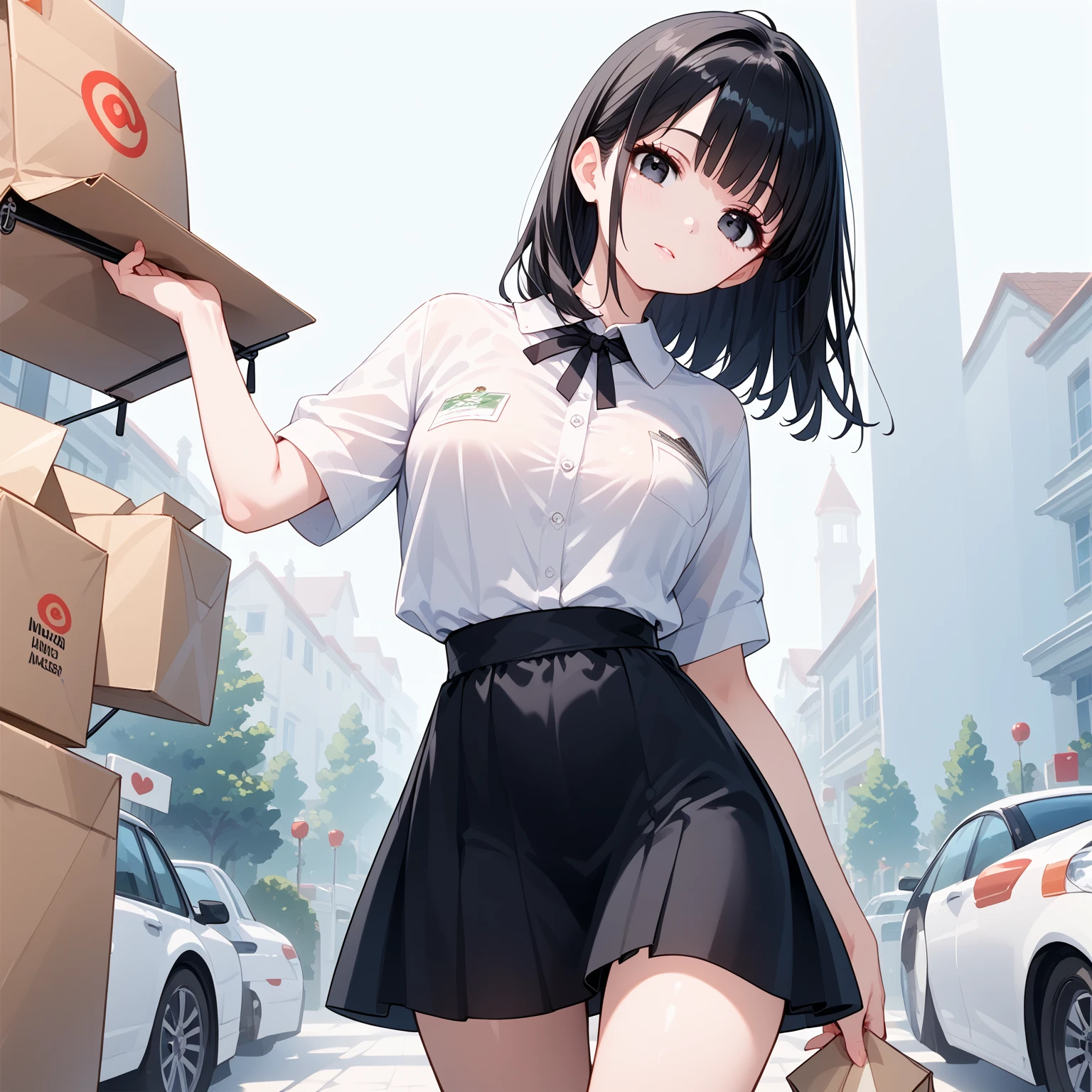 ((best quality)), ((masterpiece)), (details), one girl, sexy ((best quality)), ((masterpiece)), (details), one girl, sexy ((best quality)), ((masterpiece)), (details), one girl, full body, sexy expensive body, expensive, long legs, mature woman, mature, adult, it_nagatoro_main, Hayase Nagatoro, one girl, blushing, alone, uniform polo shirt, short sleeves, black hair,brown eyes, hair accessory, looking at viewer, hair clip, smiling, long hair, dark skinned woman, dark skin, , bangs, daytime, skirt, collared shirt, collarbone, ear clip, mouth closed, tree, asymmetrical bangs, upper body